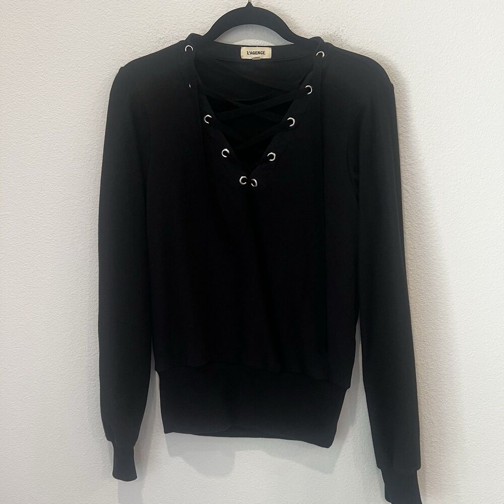 L’AGENCE Top Josilyn Lace Up Terry Sweatshirt Black Size S Casual Office Chic - Picture 2 of 8